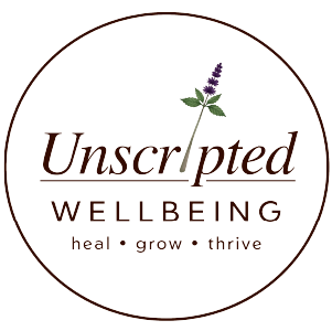 Unscripted Wellbeing CIC logo featuring a lavender plant and the tagline heal grow thrive