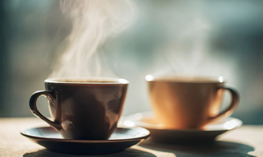 Two steaming cups of coffee on saucers, suggesting a moment of self-care and relaxation.