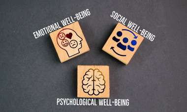 Wooden blocks displaying emotional, social, and psychological well-being icons.