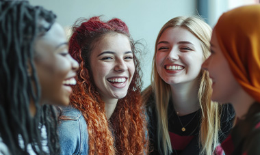 Four women laughing together in a brightly lit space, representing community wellbeing support.