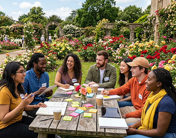 Group of diverse individuals engaging in a self-care workshop outdoors among blooming flowers.
